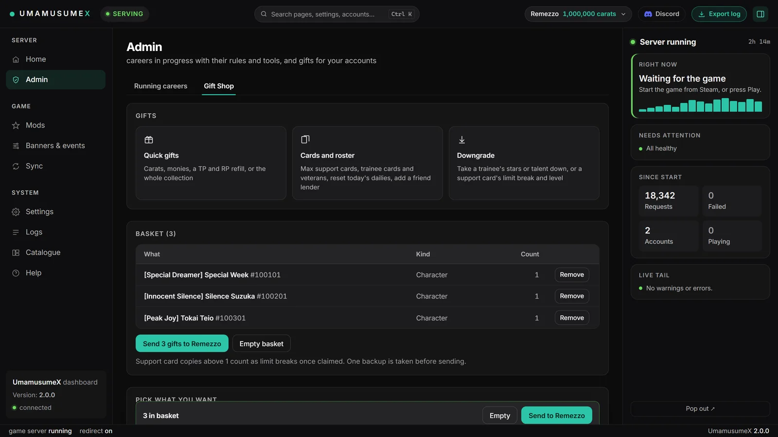 UmamusumeX control panel: Gacha and gifts